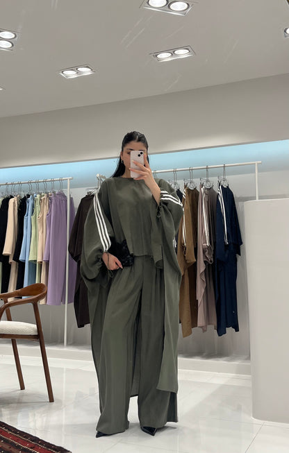 Oversized High-Low Top & Wide-Leg Pants Co-Ord Set - olive green