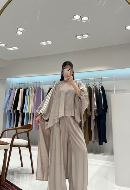 Oversized High-Low Top & Wide-Leg Pants Co-Ord Set - beige