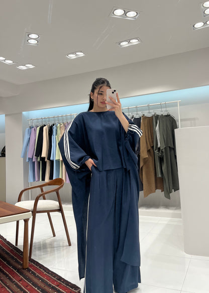 Oversized High-Low Top & Wide-Leg Pants Co-Ord Set - royal blue