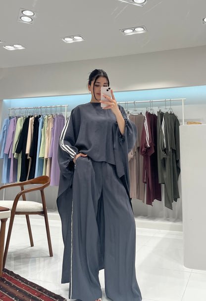Oversized High-Low Top & Wide-Leg Pants Co-Ord Set - dark grey