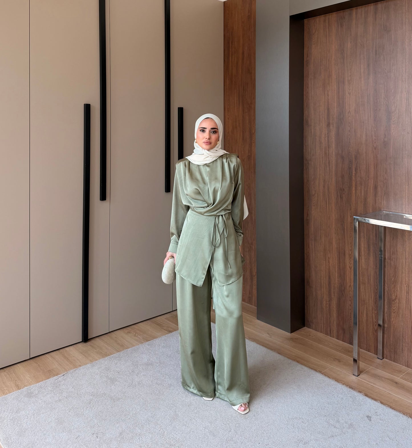 Satin Wrap Co-Ord Set - Sage Green