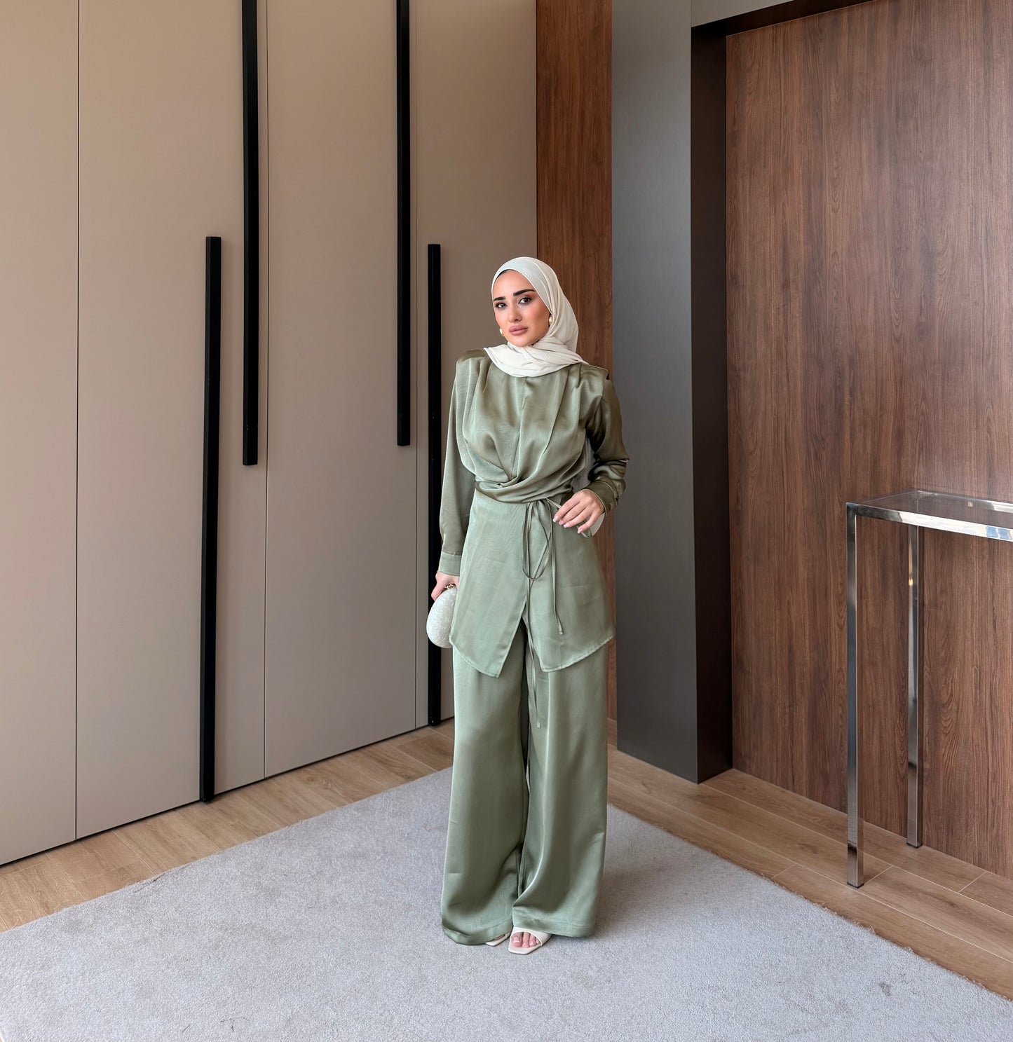 Satin Wrap Co-Ord Set - Sage Green
