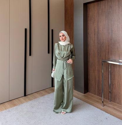 Satin Wrap Co-Ord Set - Sage Green
