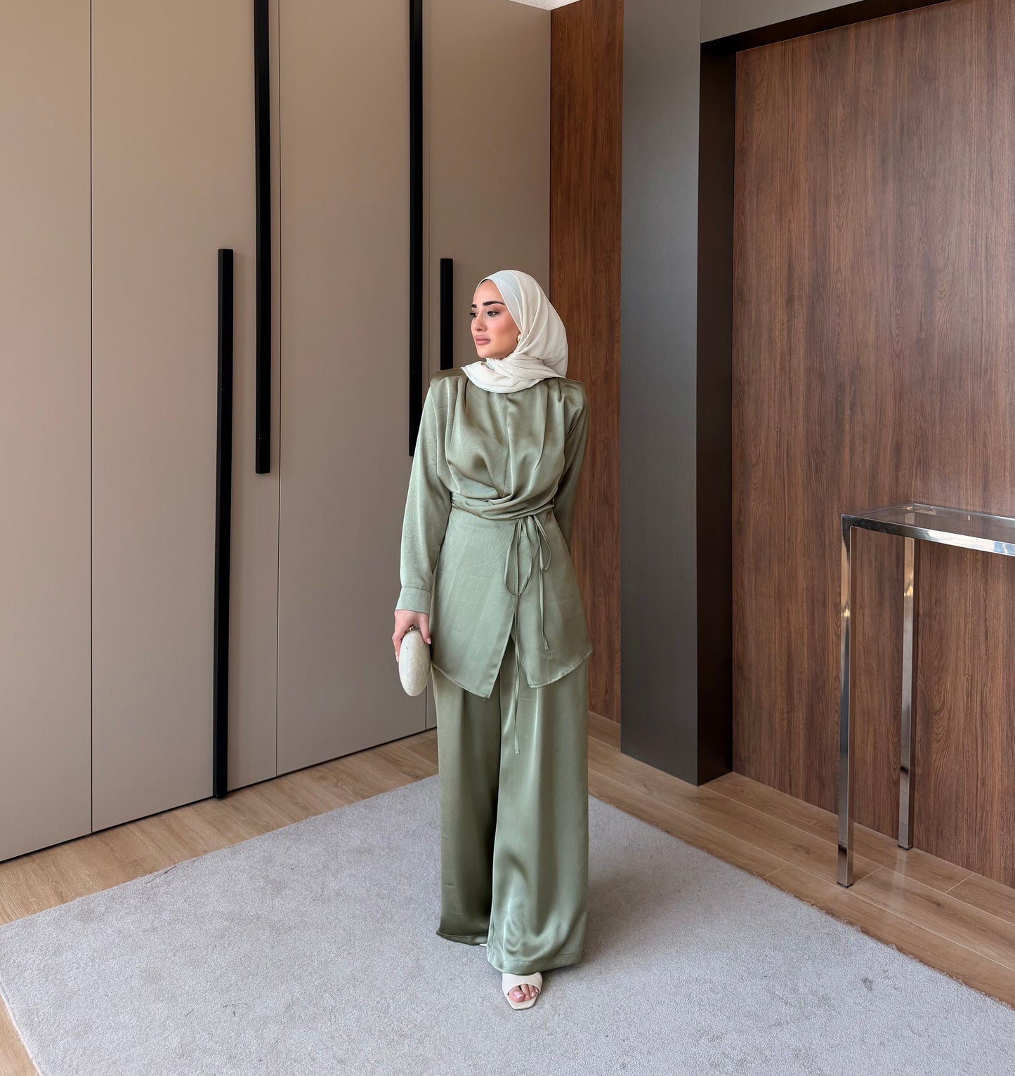 Satin Wrap Co-Ord Set - Sage Green