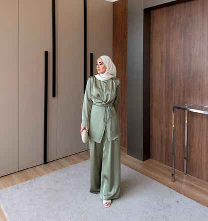 Satin Wrap Co-Ord Set - Sage Green