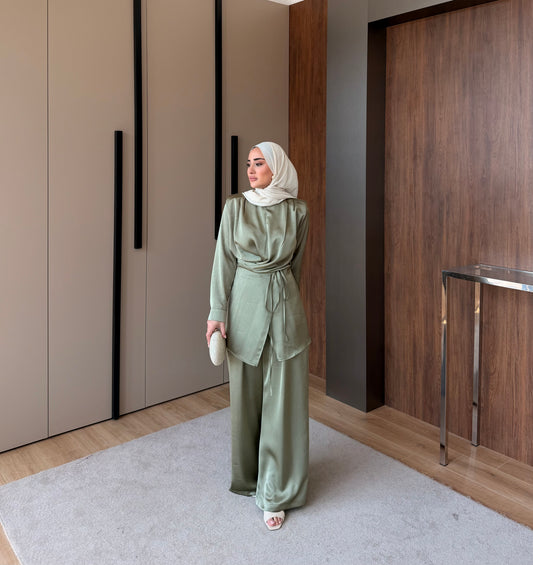 Satin Wrap Co-Ord Set - Sage Green