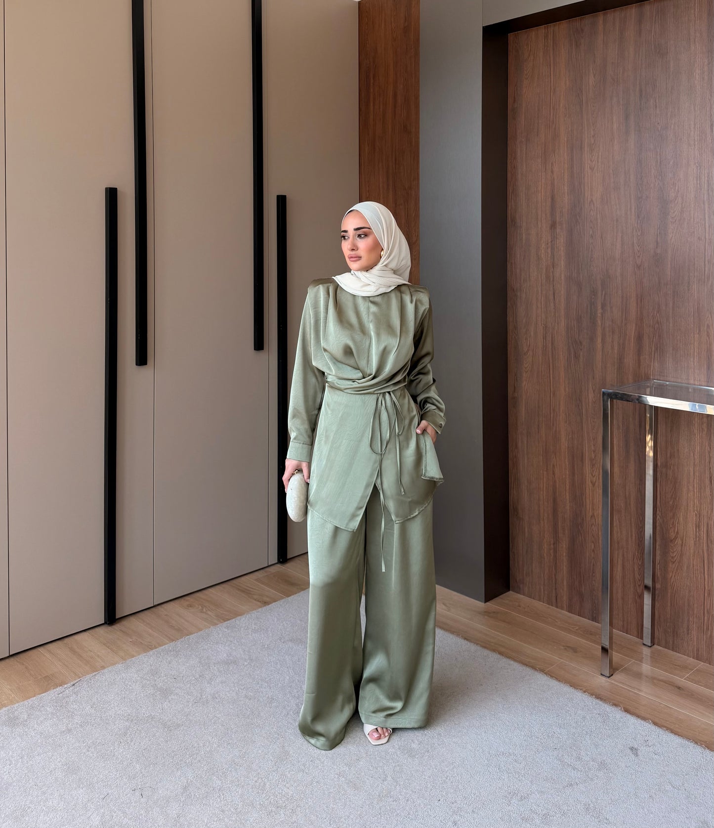 Satin Wrap Co-Ord Set - Sage Green
