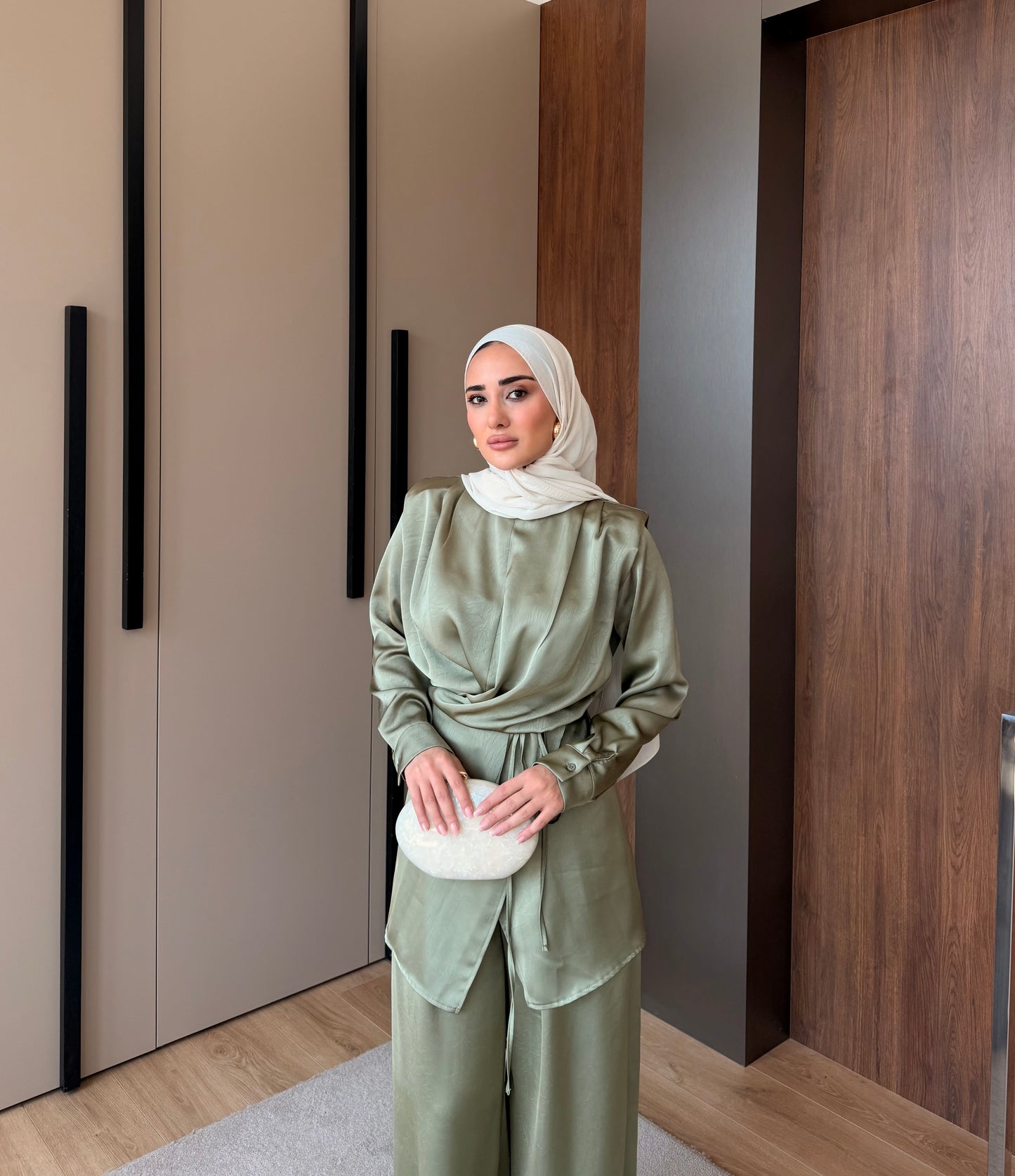Satin Wrap Co-Ord Set - Sage Green