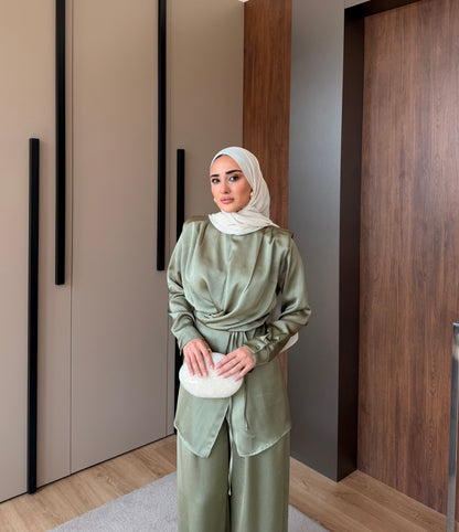 Satin Wrap Co-Ord Set - Sage Green