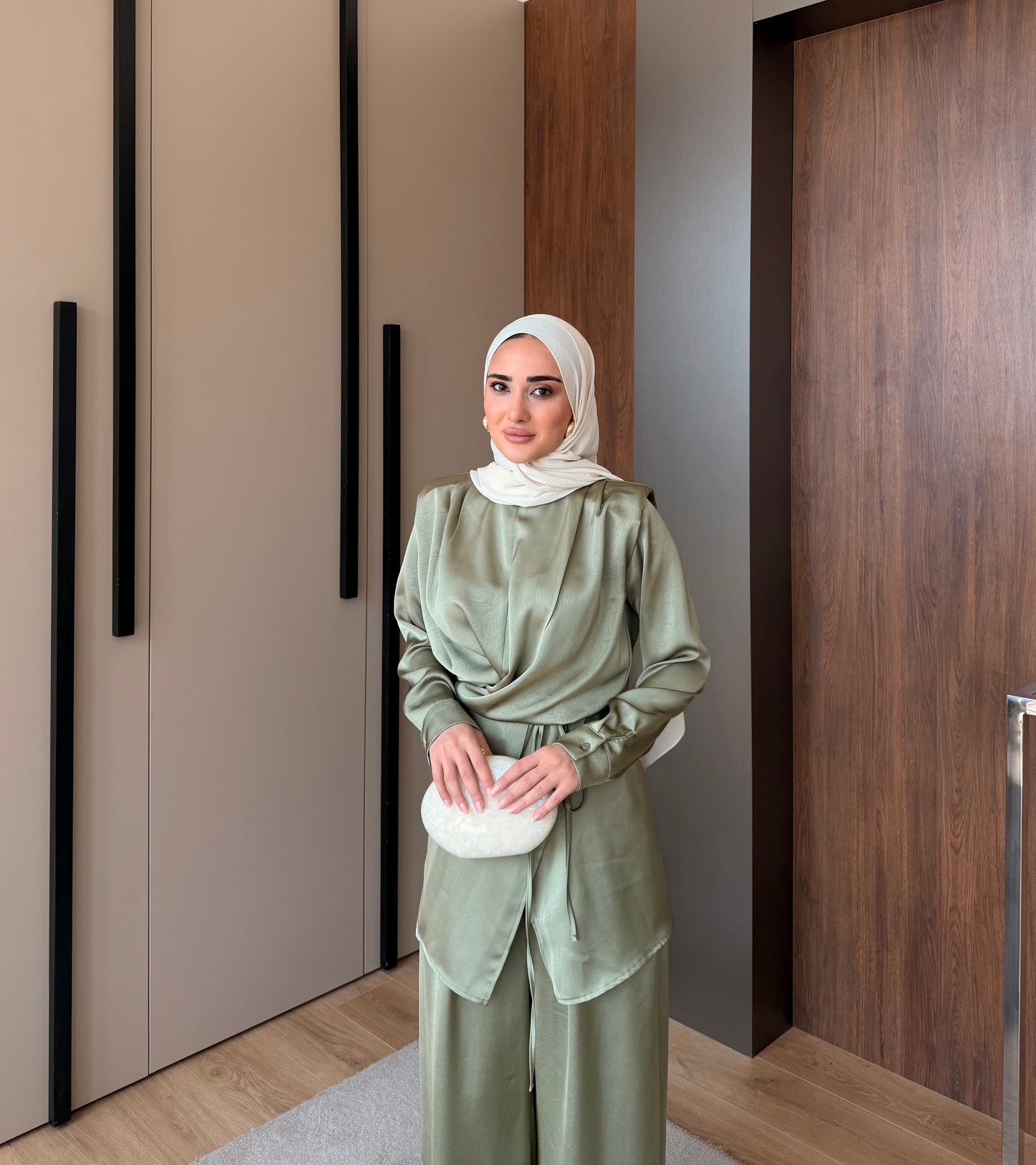 Satin Wrap Co-Ord Set - Sage Green