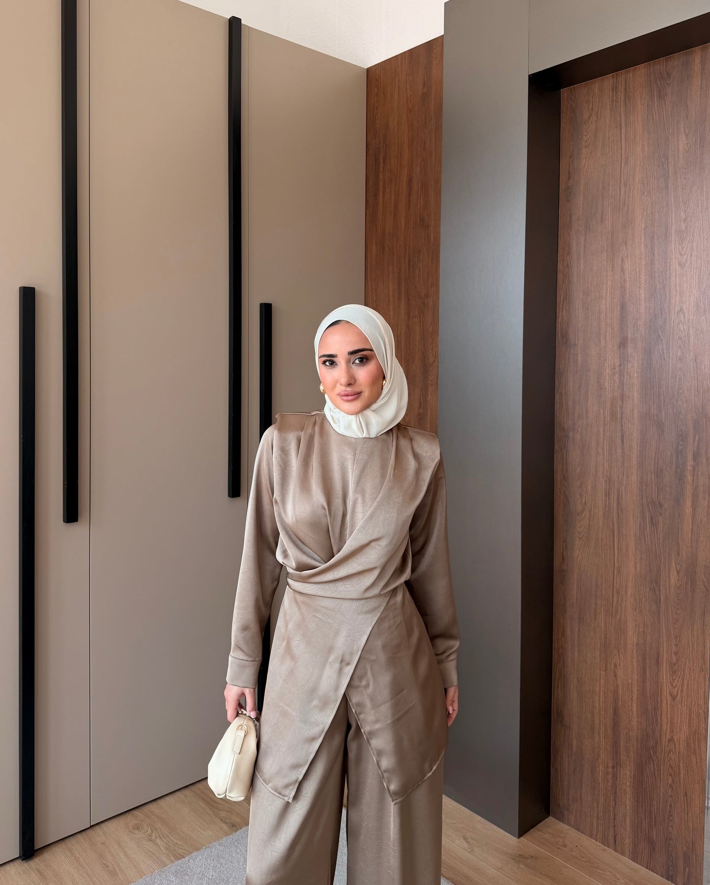 Satin Wrap Co-Ord Set - warm taupe