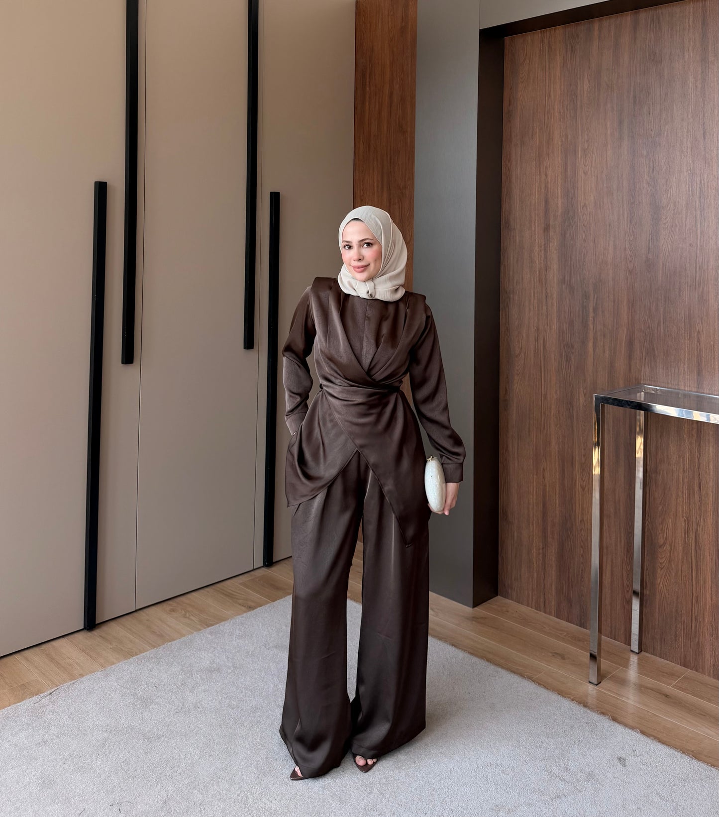 Satin Wrap Co-Ord Set - brown