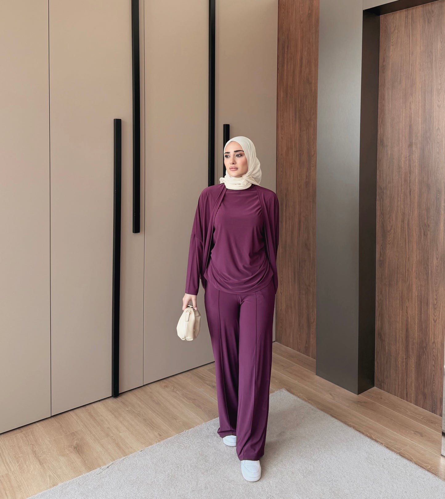 Three pieces stretch cotton fabric set - Aubergine