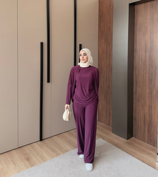 Three pieces stretch cotton fabric set - Aubergine