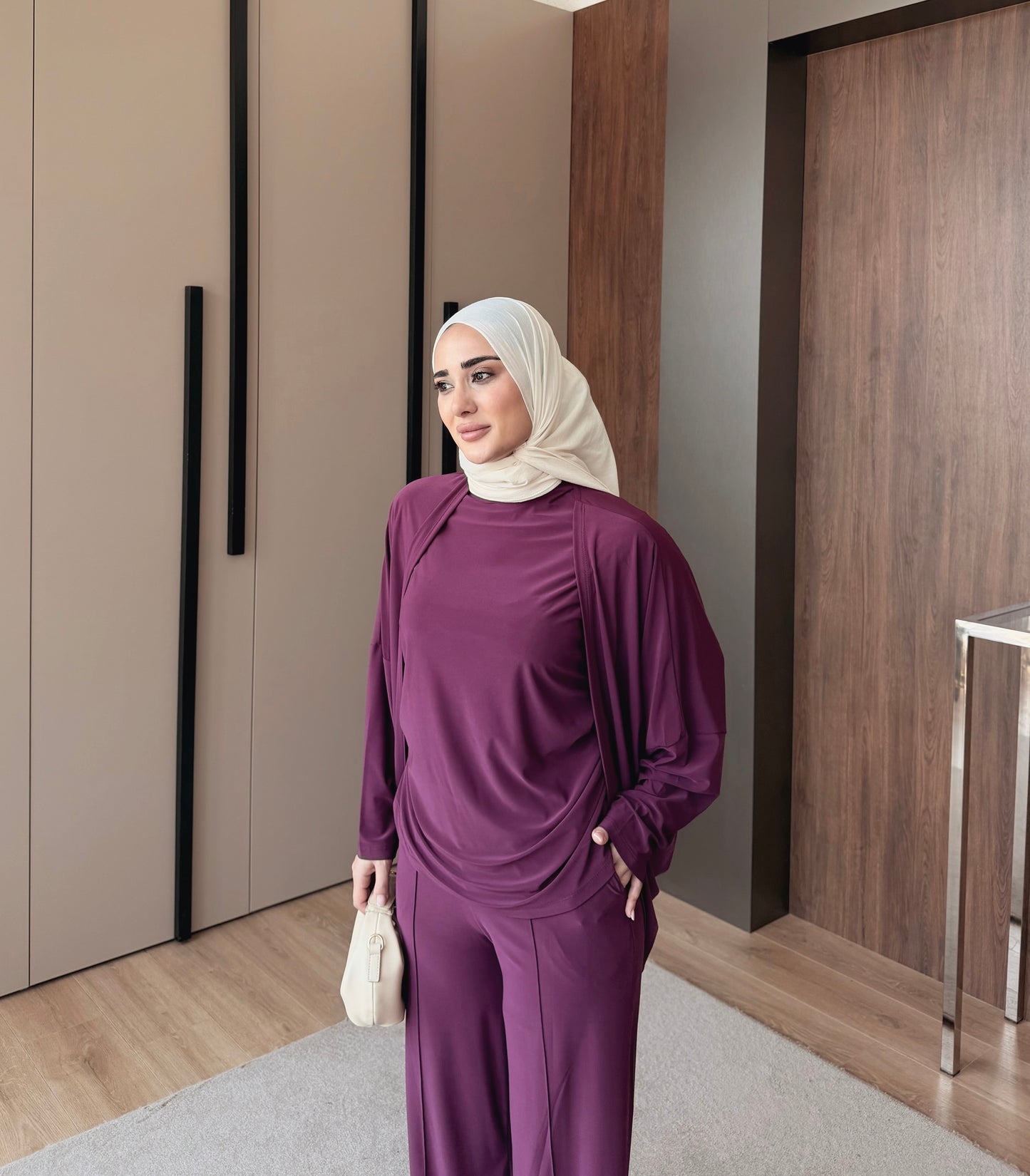 Three pieces stretch cotton fabric set - Aubergine