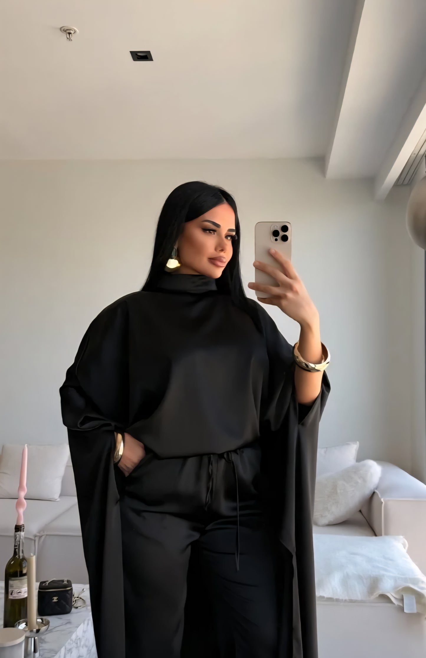Elegant Asymmetrical satin Cape Set - black