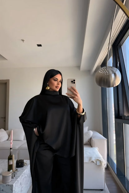 Elegant Asymmetrical satin Cape Set - black