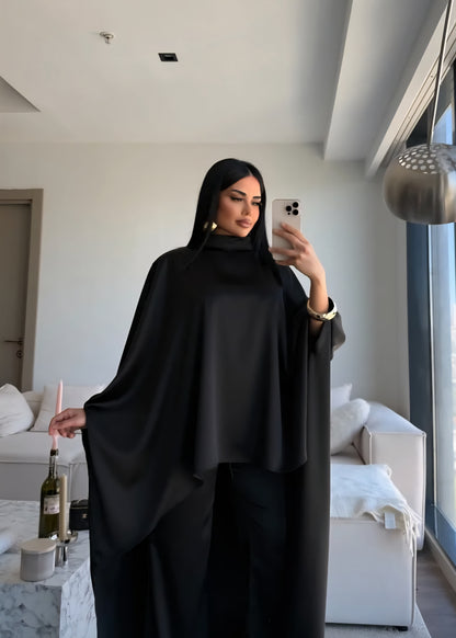 Elegant Asymmetrical satin Cape Set - black