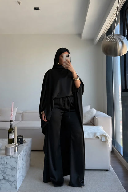 Elegant Asymmetrical satin Cape Set - black