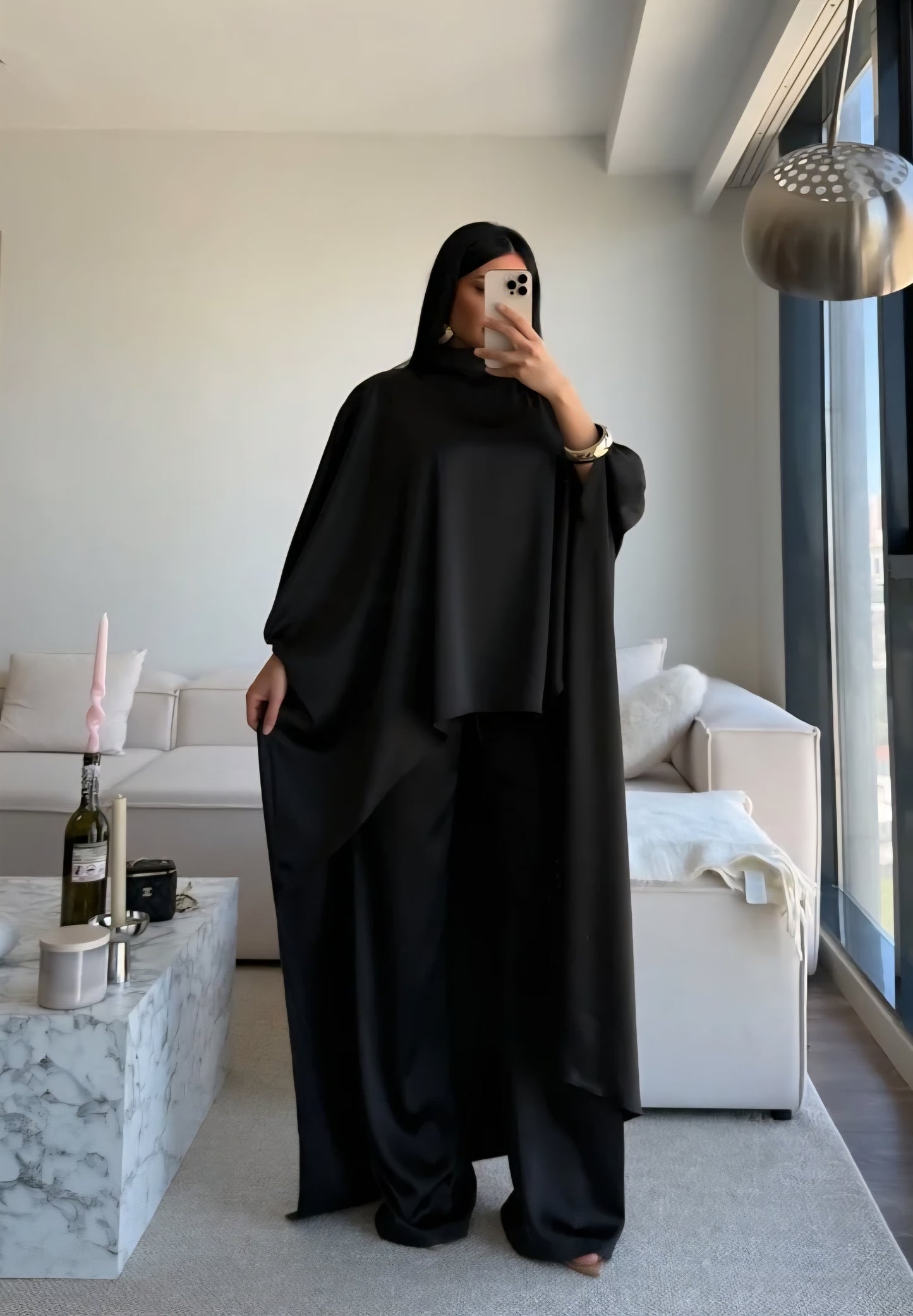 Elegant Asymmetrical satin Cape Set - black
