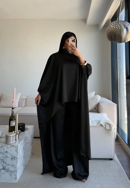Elegant Asymmetrical satin Cape Set - black