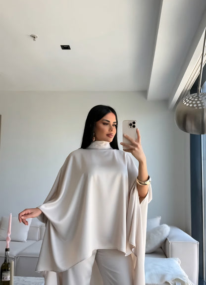 Elegant Asymmetrical satin Cape Set - beige