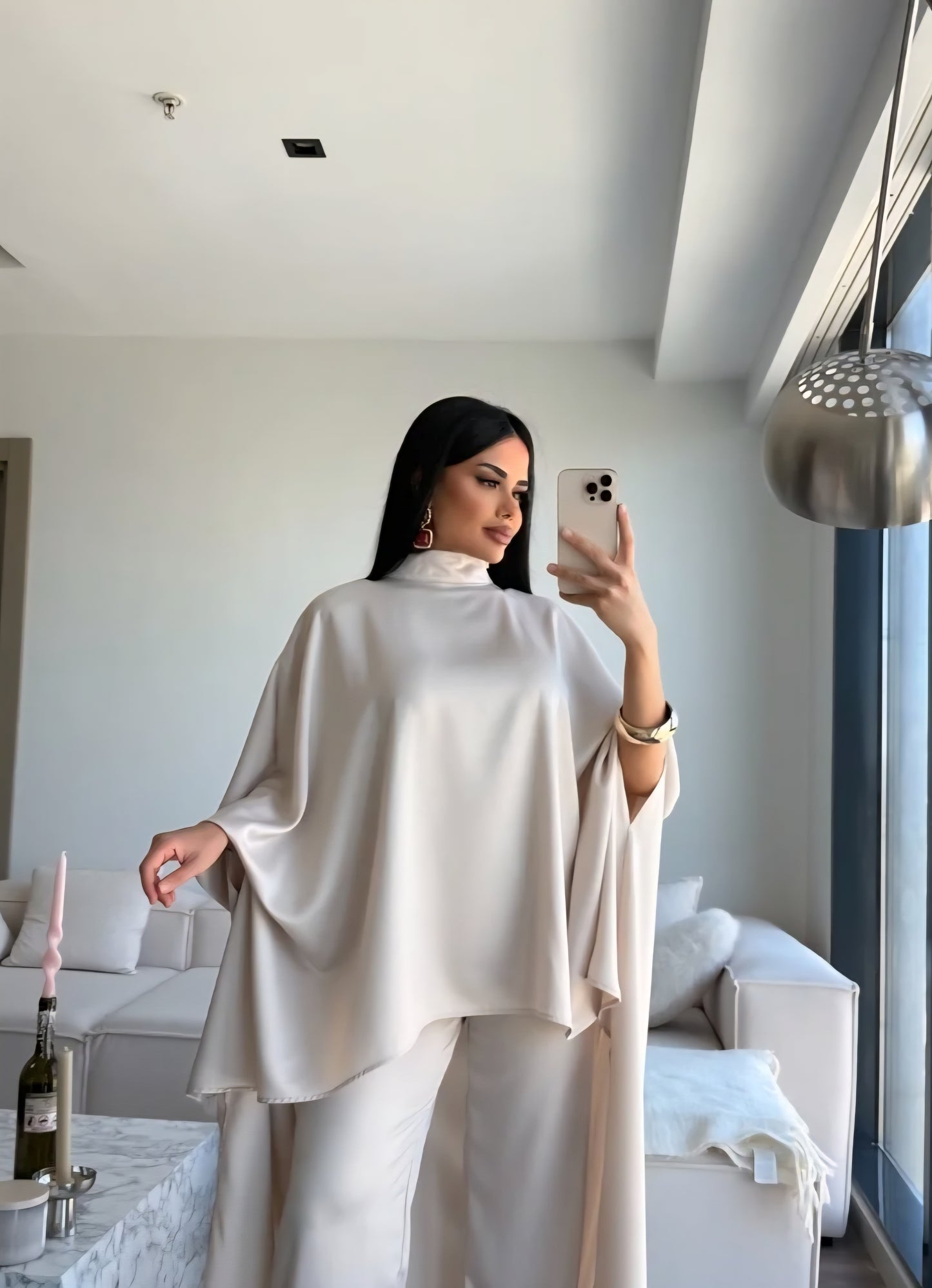 Elegant Asymmetrical satin Cape Set - beige