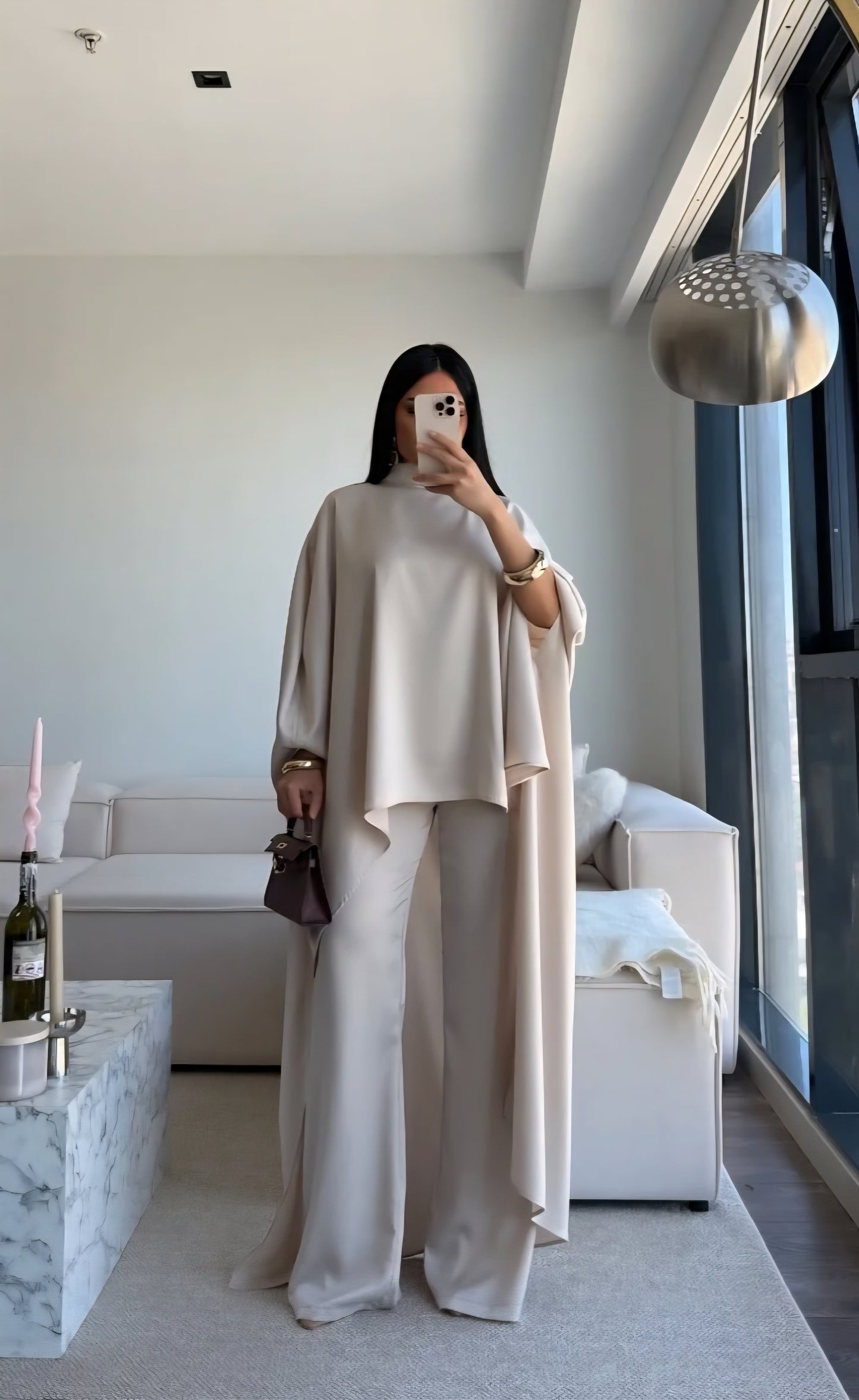 Elegant Asymmetrical satin Cape Set - beige
