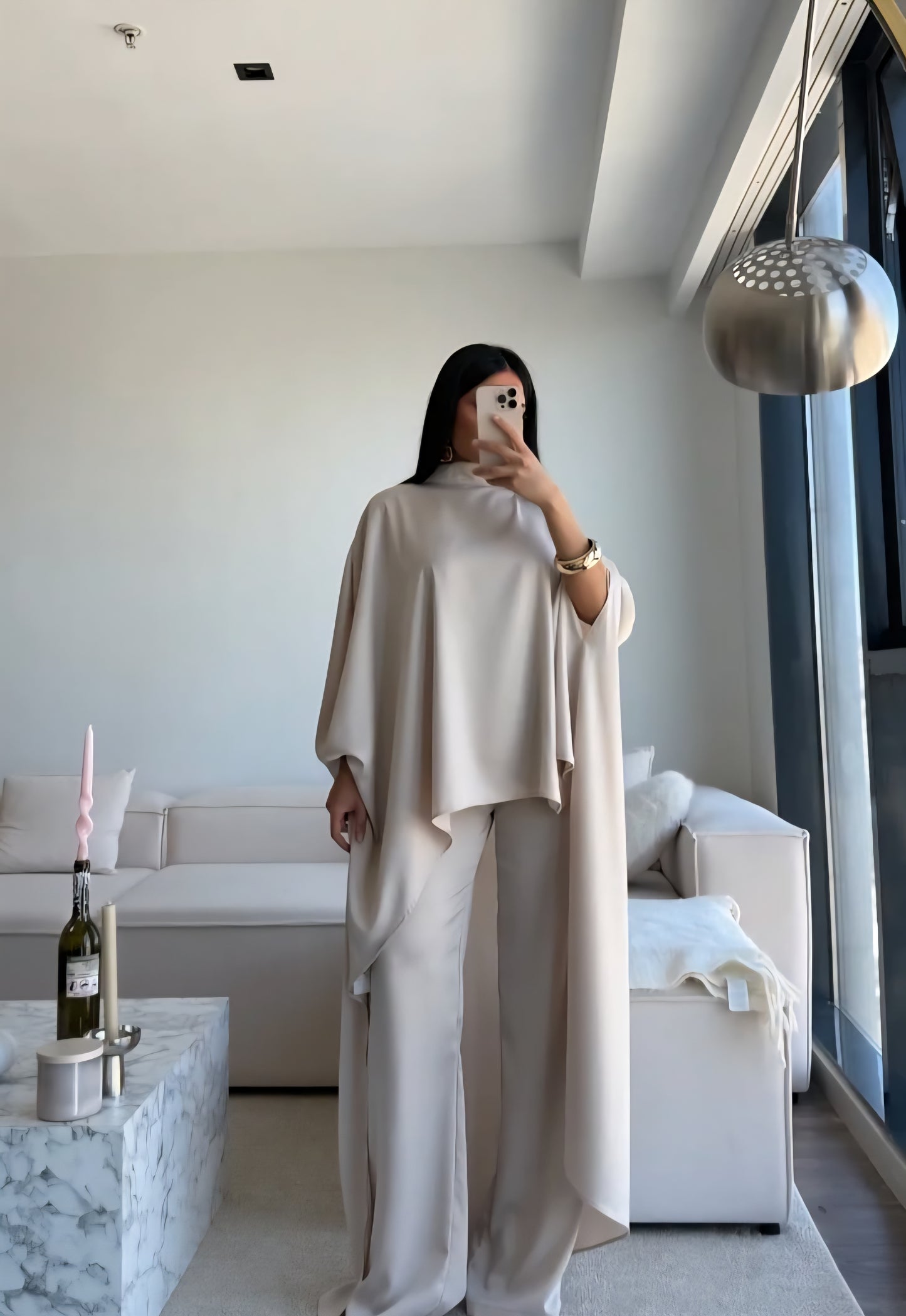 Elegant Asymmetrical satin Cape Set - beige