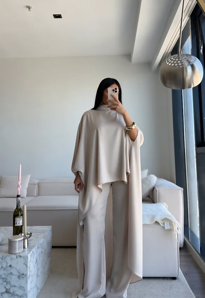 Elegant Asymmetrical satin Cape Set - beige