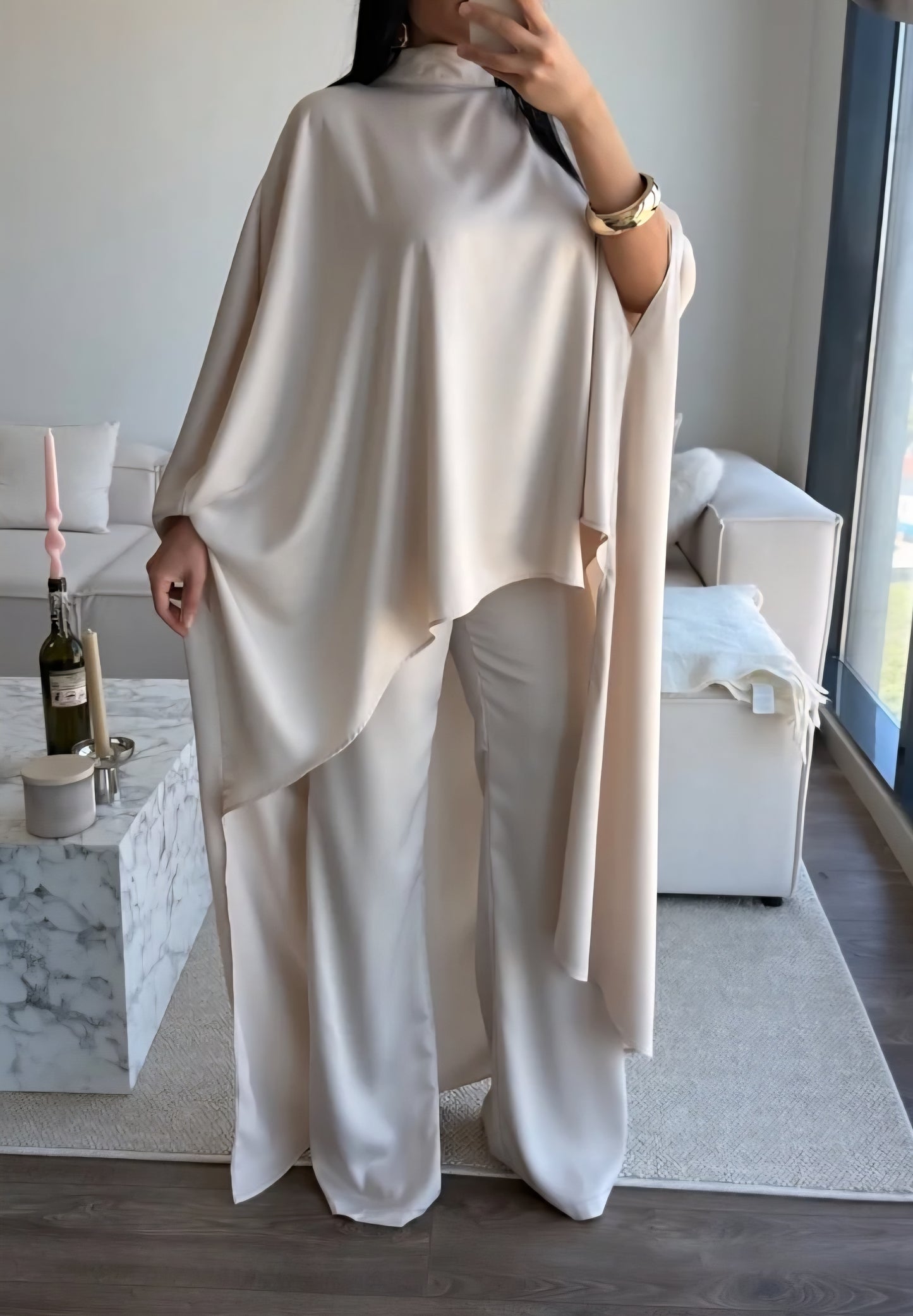 Elegant Asymmetrical satin Cape Set - beige
