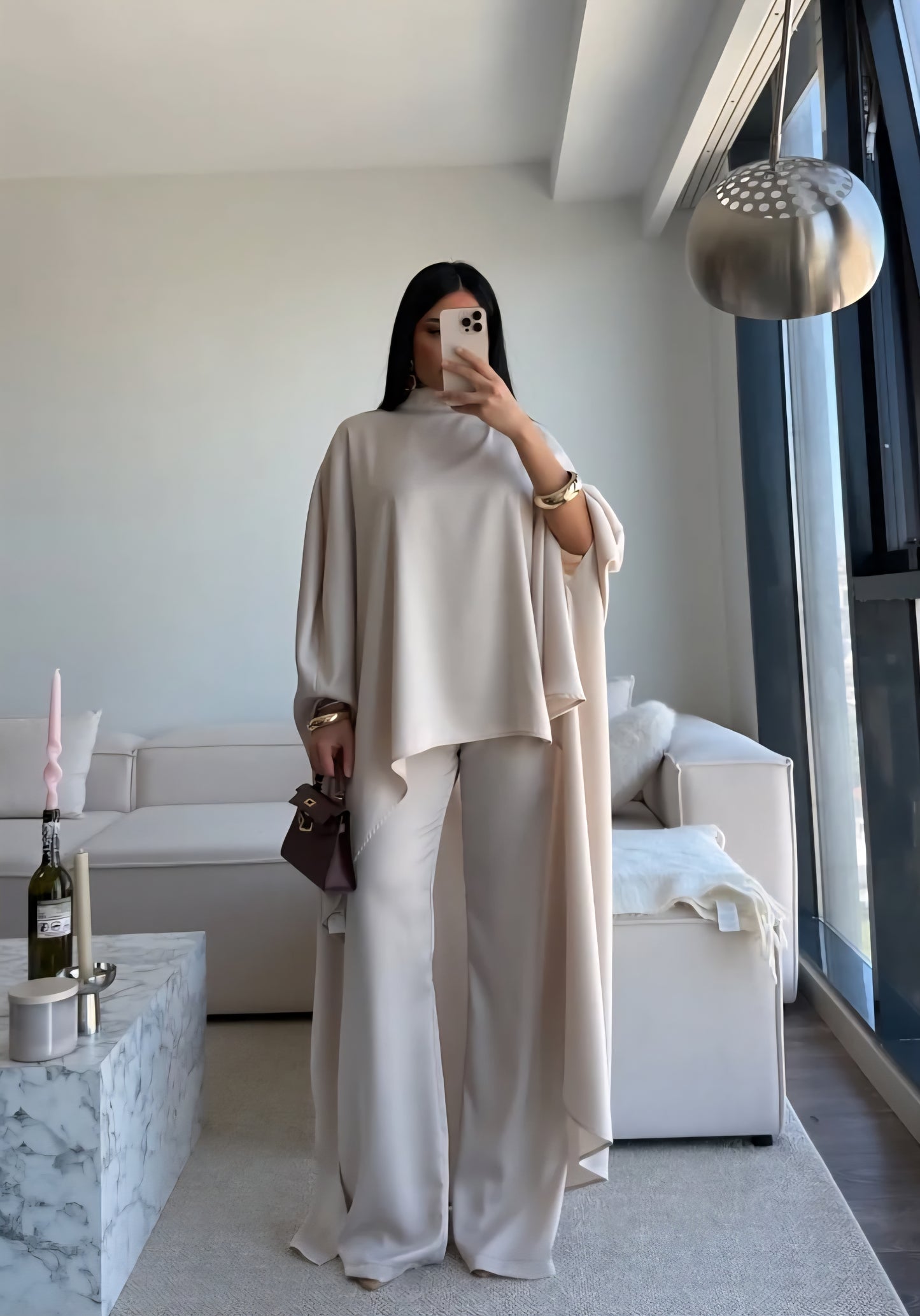 Elegant Asymmetrical satin Cape Set - beige