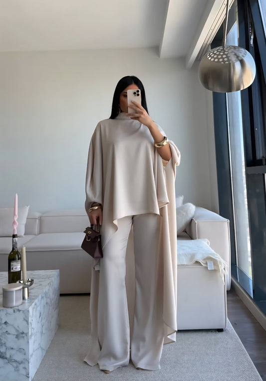 Elegant Asymmetrical satin Cape Set - beige