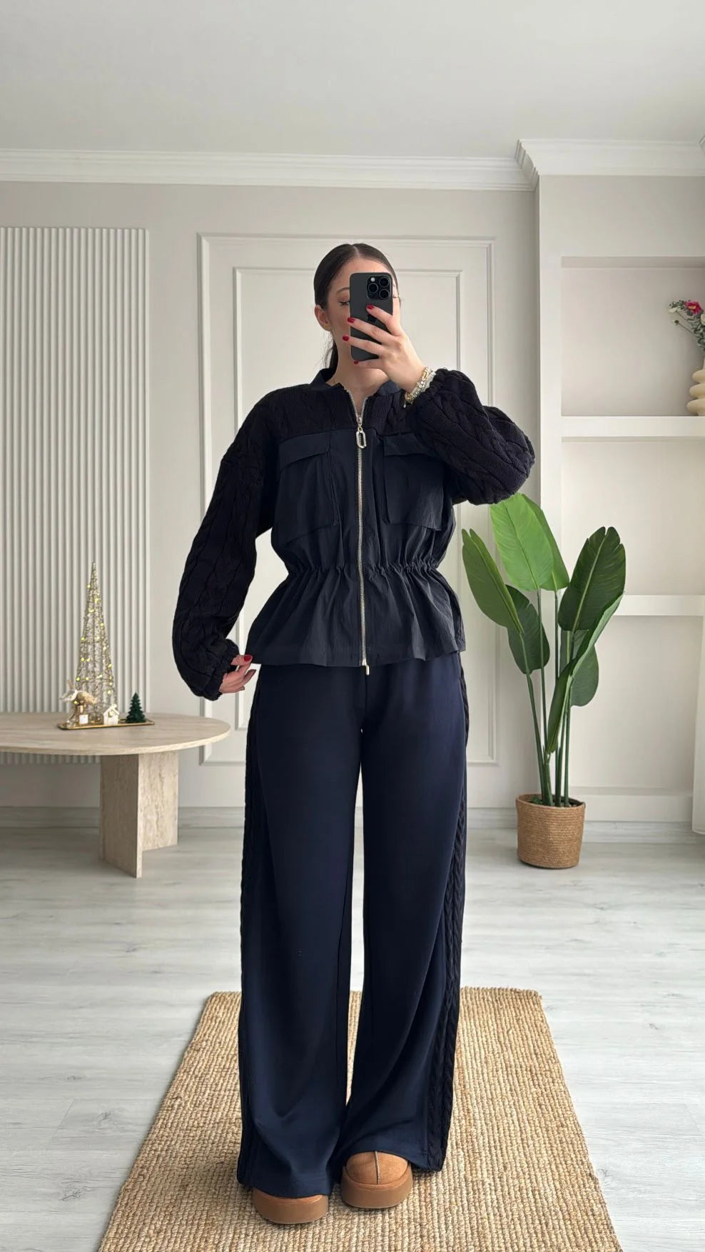 Navy Blue parachute fabric Equivalent Knitted details Set with oysho fabric Trim