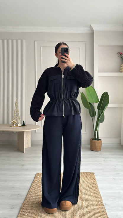 Navy Blue parachute fabric Equivalent Knitted details Set with oysho fabric Trim