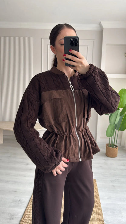 Brown parachute fabric Equivalent Knitted details Set with oysho fabric Trim