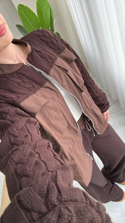 Brown parachute fabric Equivalent Knitted details Set with oysho fabric Trim