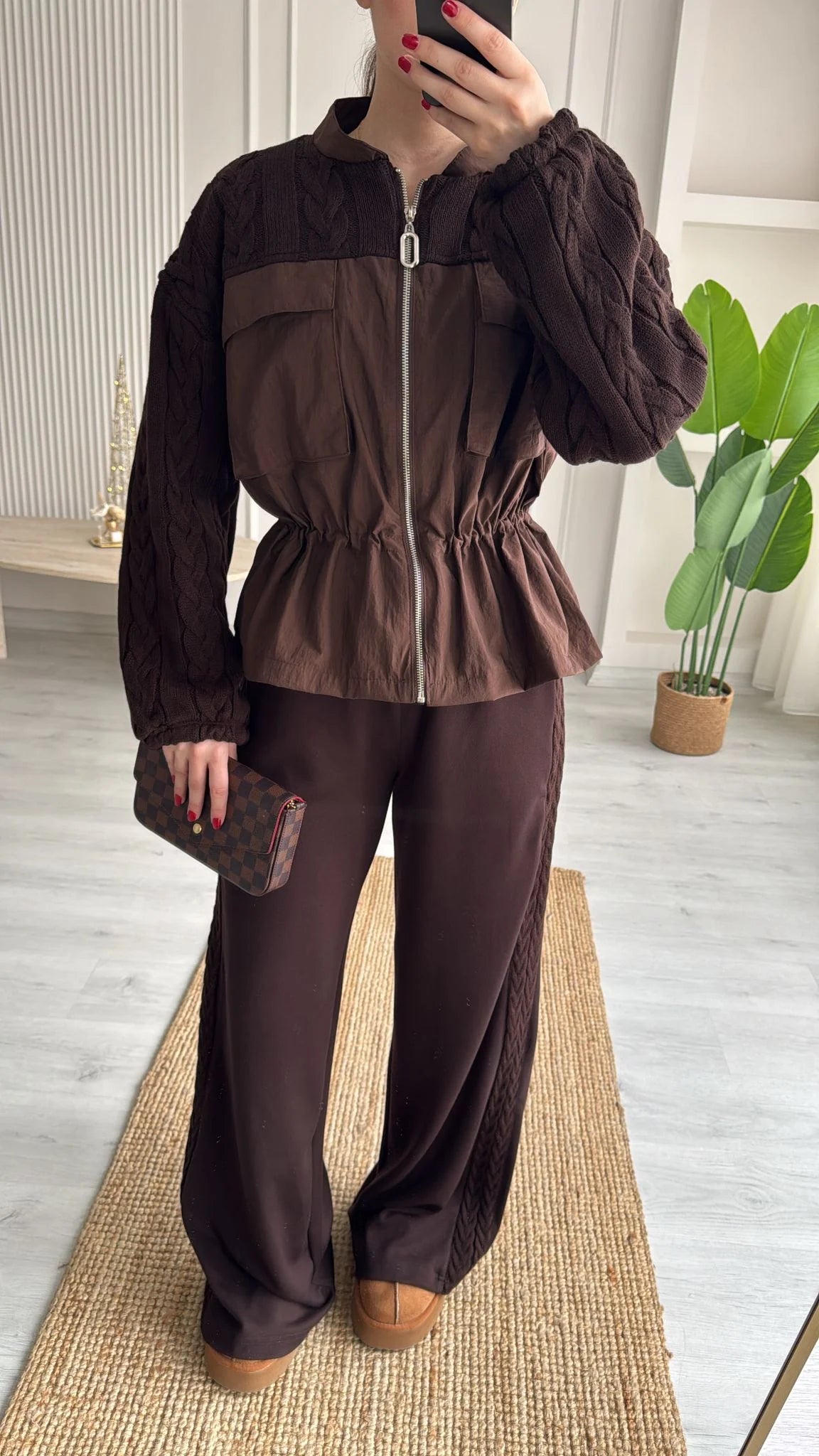 Brown parachute fabric Equivalent Knitted details Set with oysho fabric Trim