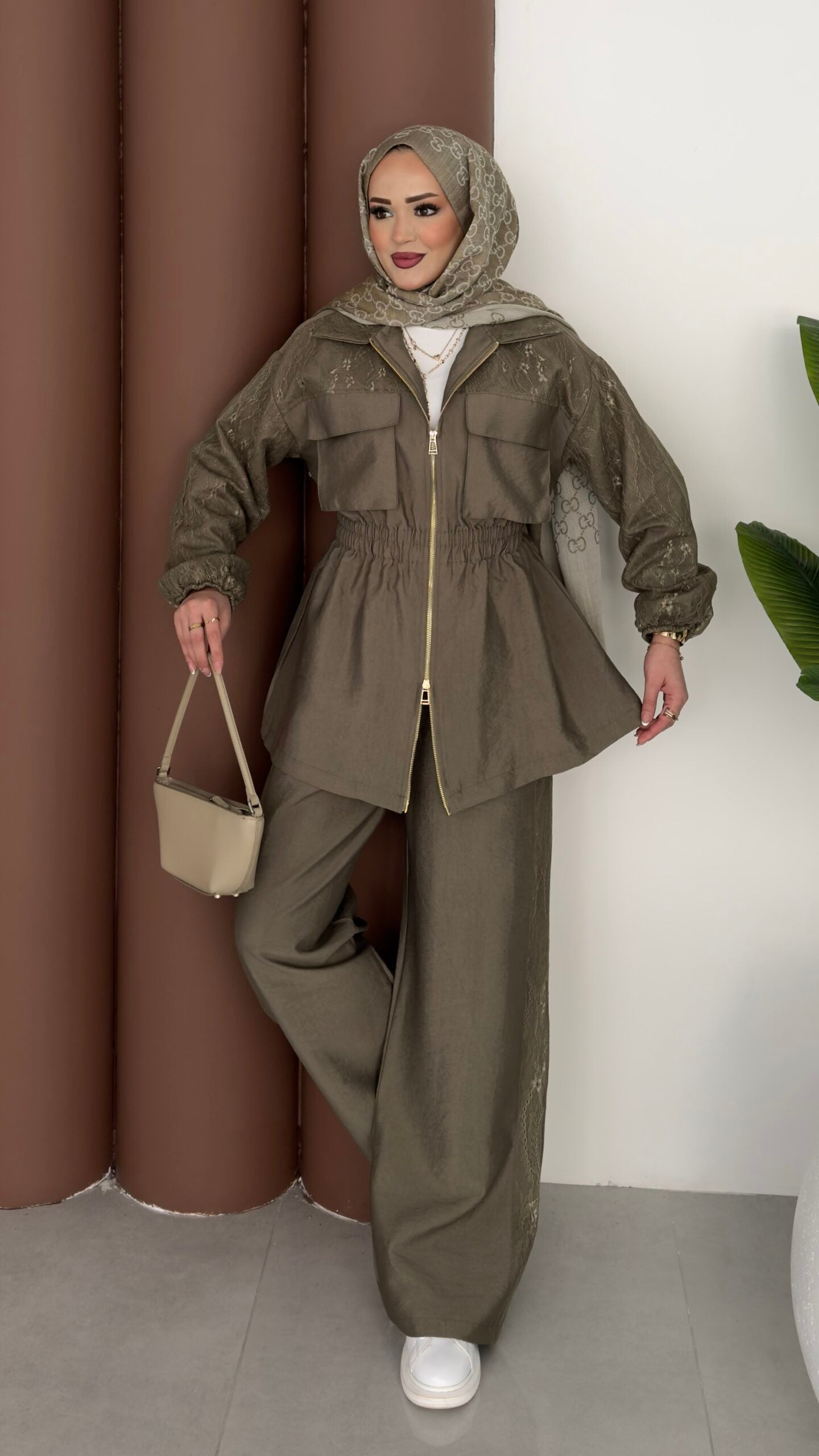 Gold zipper jacket with lace details co-ord set - olive green