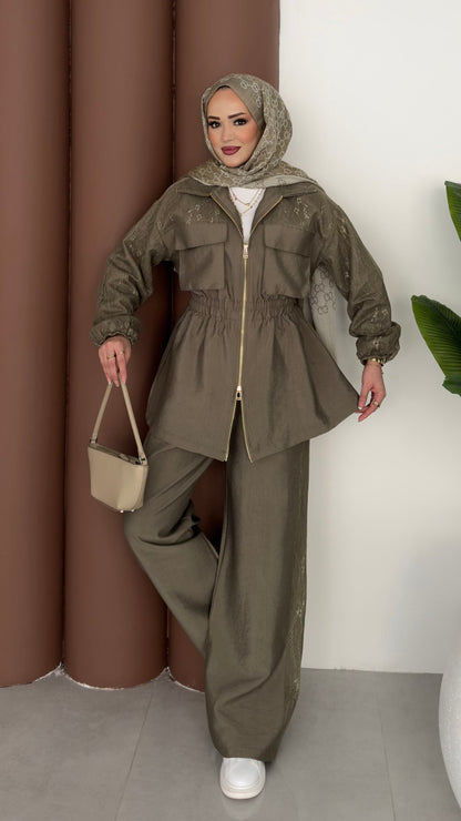 Gold zipper jacket with lace details co-ord set - olive green