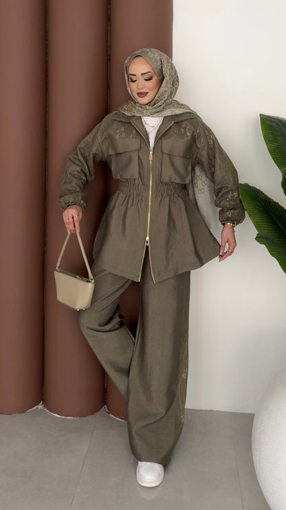 Gold zipper jacket with lace details co-ord set - olive green