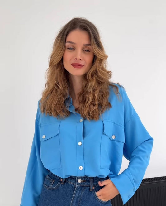 Silky fabric double pocket shirt
