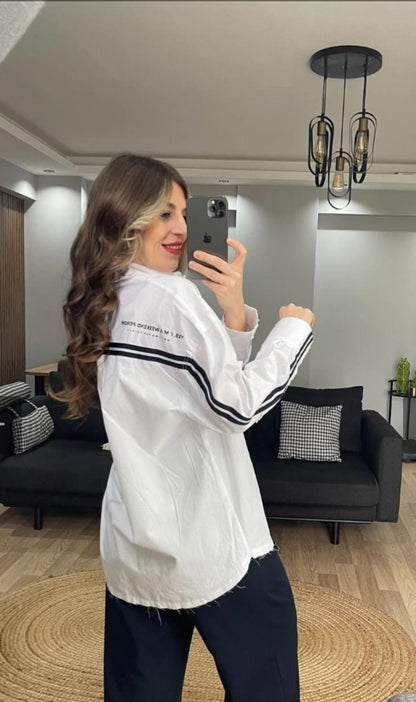 Brand Model Striped Detail Oversize Shirt White