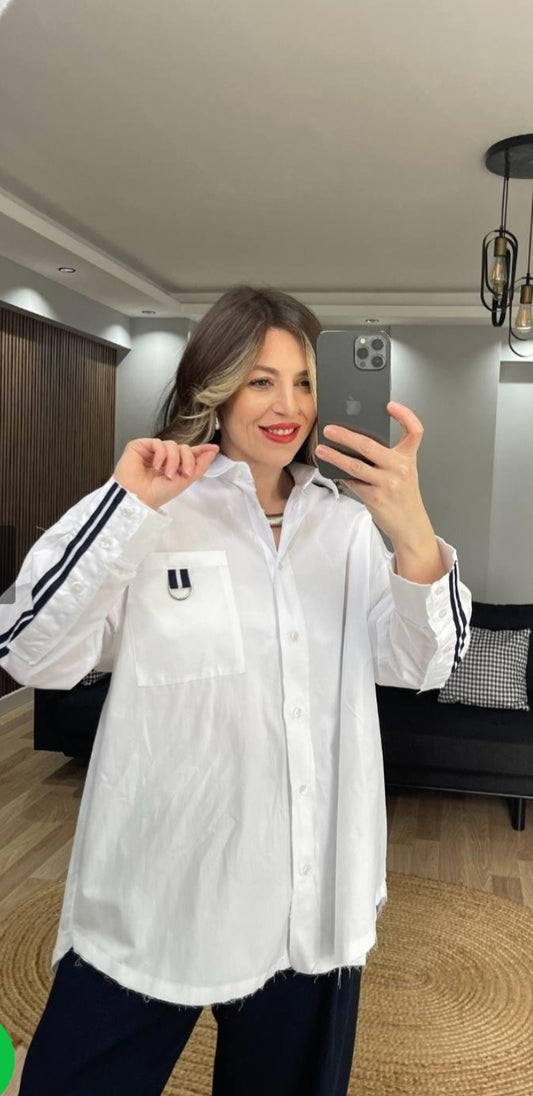 Brand Model Striped Detail Oversize Shirt White