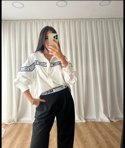Knitted Stripe Text Detail White Shirt