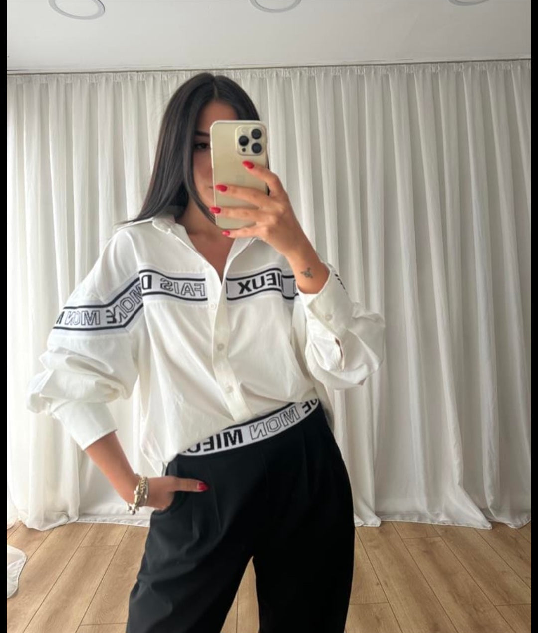 Knitted Stripe Text Detail White Shirt