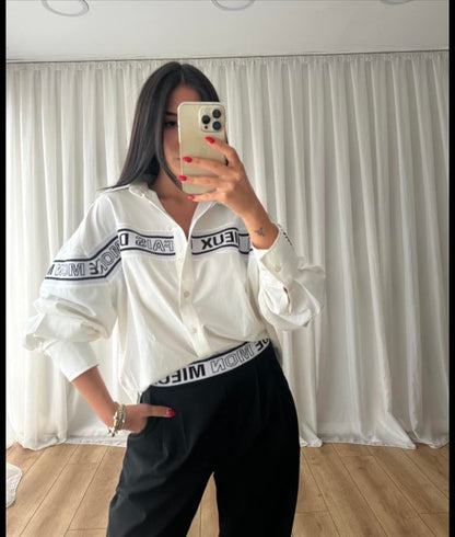 Knitted Stripe Text Detail White Shirt