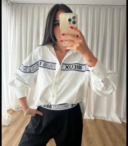 Knitted Stripe Text Detail White Shirt