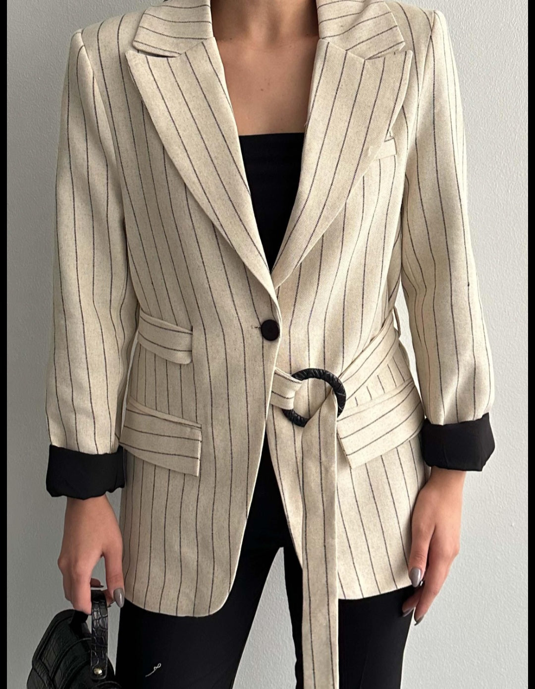 Striped blazer with side belt