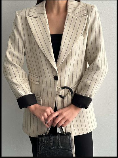 Striped blazer with side belt